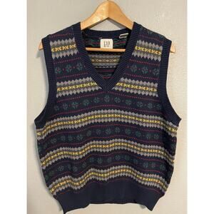 GAP Sweater Vest Mens Small Navy Blue Fair Isle Knit Pullover Retro Y2K